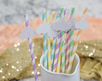 Pastel Rainbow Straws with Glitter Clouds, Birthday Party Decorations