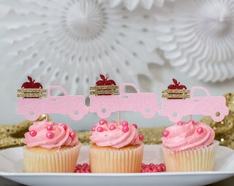 Apple Truck Cupcake Toppers, Teacher Party Decorations (Set of 12)