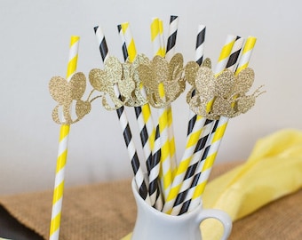 Bee Straws, Bumble Bee Party Decorations, Bumble Bee Birthday, Bee Bridal Shower, Bee Baby Shower, Mommy to Bee, Bride to Bee, Bee Decor