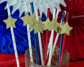 4th of July Straws: Gold Glitter Stars, Red, White & Blue (12 ct)