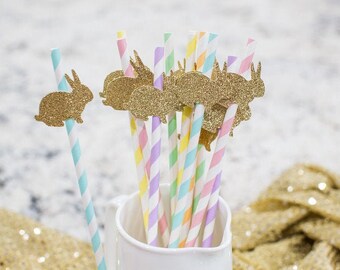 Pastel Striped Straws with Gold Glitter Bunnies, Easter Decor (12 ct)