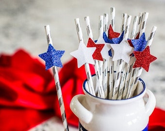 4th of July Party Straws: Red, White & Blue Glitter Star Decorations