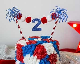 Patriotic Pom Pom Cake Topper, 4th of July Birthday Decoration