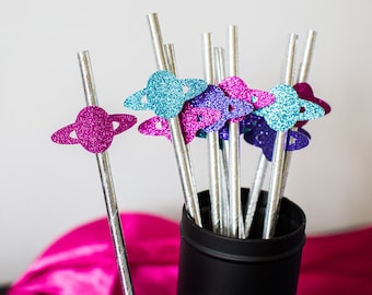 Glitter Planet Paper Straws, Space Party Decorations (Set of 12)