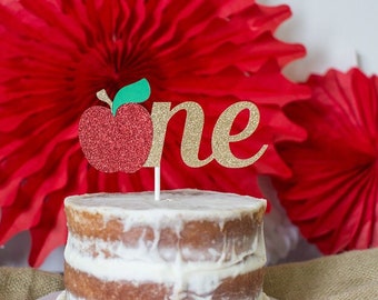 Apple First Birthday Cake Topper, Red and Gold Glitter "One"