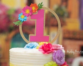 Fiesta First Birthday Cake Topper: Glitter Floral Wreath