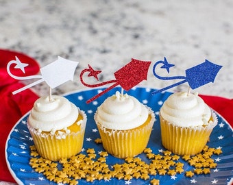 Firecracker Cupcake Toppers, Red White Blue, 4th of July Party, Set of 12