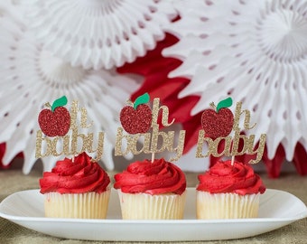 Apple "Oh Baby" Cupcake Toppers, Glitter Baby Shower Decorations