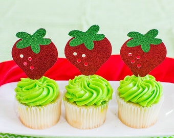 Strawberry Cupcake Toppers, Berry First Birthday, Set of 12