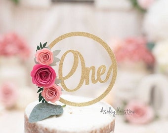 Floral First Birthday Cake Topper, Glitter One