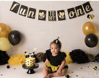 Bumble Bee First Birthday Banner, Gold Glitter Letters