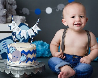 Blue Elephant Cake Topper, First Birthday Party Decor