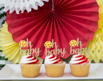 Pizza Baby Shower Cupcake Toppers, Glitter 'Oh Baby' Decorations (Set of 12)