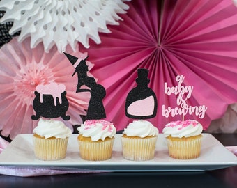 Witch Baby Shower Cupcake Toppers, "A Baby Is Brewing" Theme, Set of 12