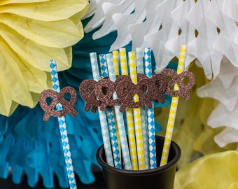 Oktoberfest Straws: Glitter Pretzel Decorations, Blue & Yellow Paper Straws (12 ct)