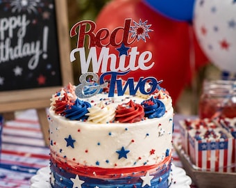 Red White and Two Glitter Cake Topper, 4th of July Birthday