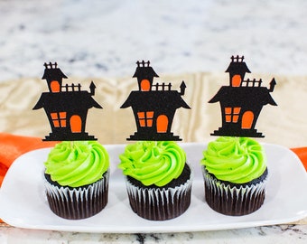 Halloween Cupcake Toppers. Haunted House Cupcake Toppers. Halloween Party Decorations. Haunted House Party. Halloween Birthday Decorations.