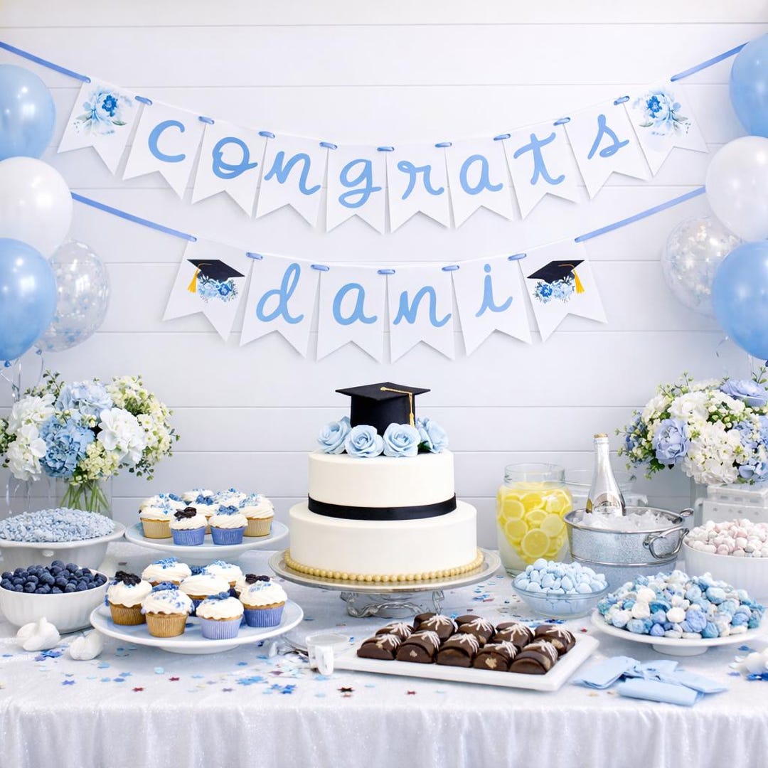 Blue Floral Graduation Party Decorations. Custom 2026 Banner. Watch Her ...