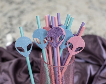 Pastel Alien Party Straws, Space Birthday Decorations (12-Pack)