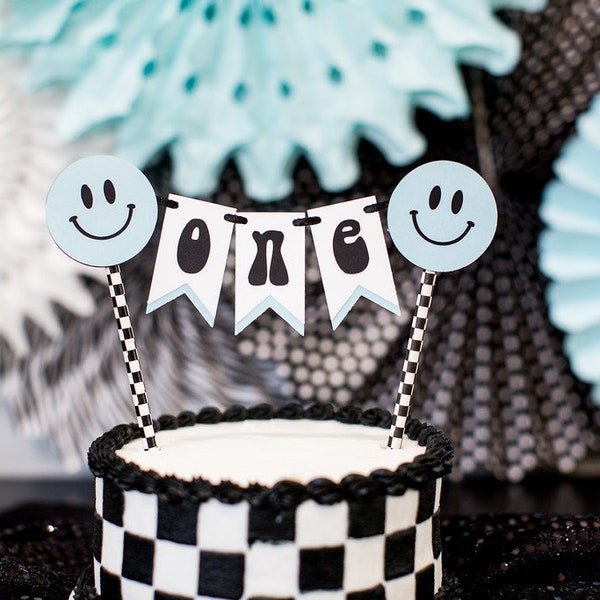 One Happy Dude First Birthday Decorations. Blue One Happy Dude Party Decor. Blue Smiley Face Party Decor. One Happy Dude Cake Topper.