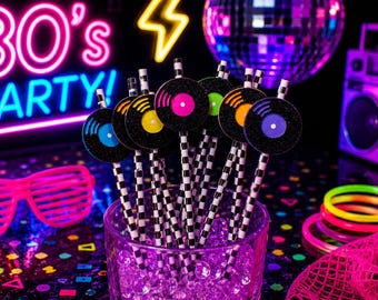 80's Neon Theme Party Decorations. Retro Paper Drinking Straws. Set of 12.