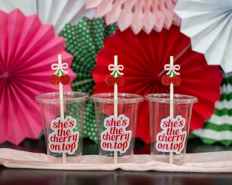 Cherry On Top Party Cups with Glitter Straws, Birthday Decor