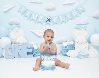 Time Flies First Birthday Decorations: Airplane Banner, Cake Topper
