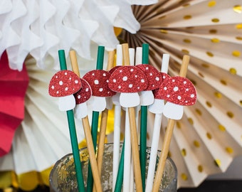Mushroom Party Straws, Woodland Baby Shower Decorations (12 ct)