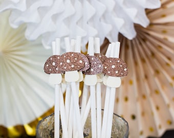 Mushroom Party Straws, Fairy Garden Decor (Set of 12)