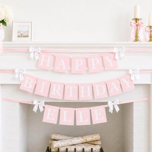 Banner de cumpleaños rosa con lazos, decoración de fiesta personalizada