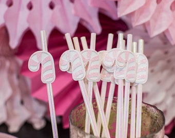 Pink Candy Cane Straws, Iridescent Christmas Party Decorations (12)