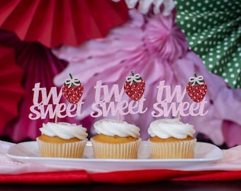 Two Sweet Strawberry Glitter Cupcake Toppers, 2nd Birthday