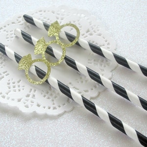12 Black Gold Engagement Ring Straws, Black Gold Bachelorette Decor, Black Gold Bridal Shower, Bridal Shower Decorations, Engagement Party