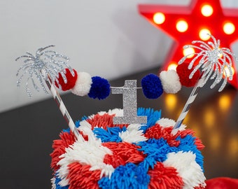 Little Firecracker 1st Birthday Cake Topper, Patriotic Pom Poms