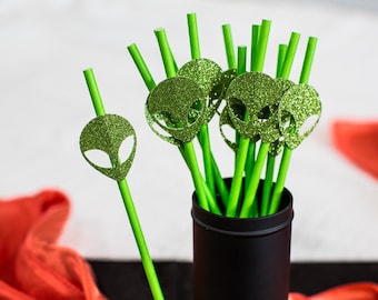 Alien Party Straws, Green Outer Space Birthday Decor (12 ct)