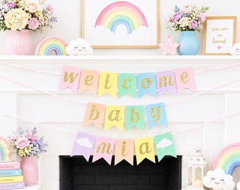 Pastel Rainbow Baby Shower Banner, Welcome Baby