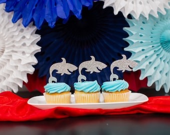 Shark Cupcake Toppers, Glitter Party Decoration (Set of 12)