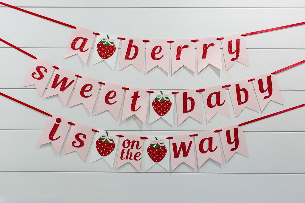 Firefairy Strawberry Baby Shower Banner - "A Berry Sweet Baby Is On The Way" Pre-strung Glitter Decoration