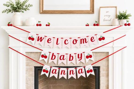Cherry Baby Shower Banner: Glitter Cherries, Pink Bows