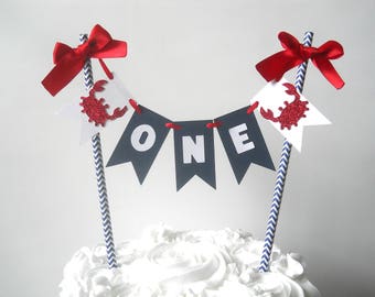 Crab Cake Topper Crab Smash Cake Topper Red and Navy Crab Birthday Boy First Birthday Summer Birthday Crab Party Theme Nautical Bunting