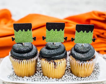 Frankenstein Cupcake Toppers, Halloween Party Decorations (Set of 12)