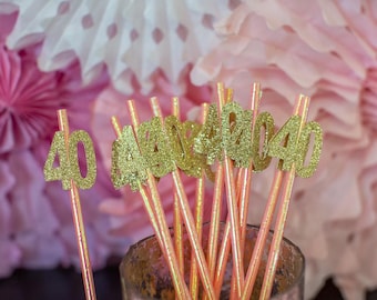 40th Birthday Party Straws: Pink Iridescent, Gold Glitter Numbers (Set of 12)