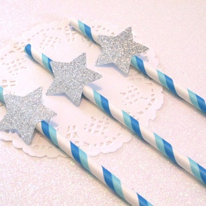 12 Blue Silver Star Straws Blue Silver Star Party Twinkle Star Birthday Boy First Birthday Boy Shower Little Star Party Blue Silver Party