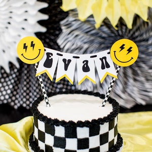 One Happy Dude Cake Topper. Personalized Cake Topper. Lightning Smiley Face Party. Smiley Face Birthday. Retro Birthday. One Cool Dude Party