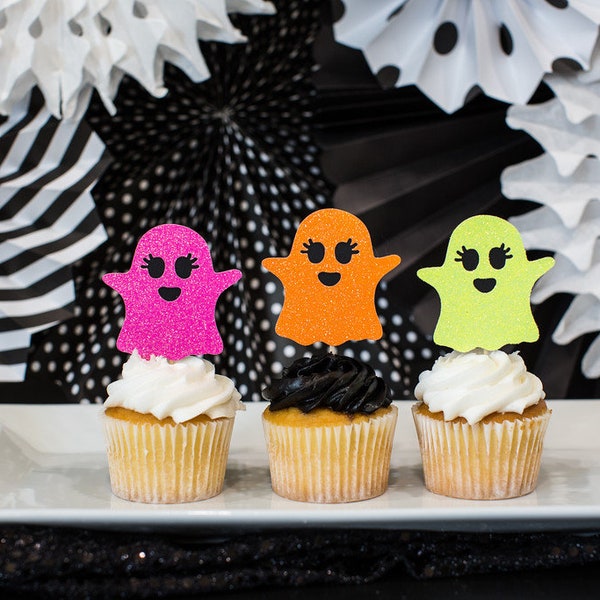 Neon Halloween Party Decorations. Neon Halloween Cupcake Toppers. Neon Ghost Cupcake Toppers. Halloween Party Decorations. Halloween Party.