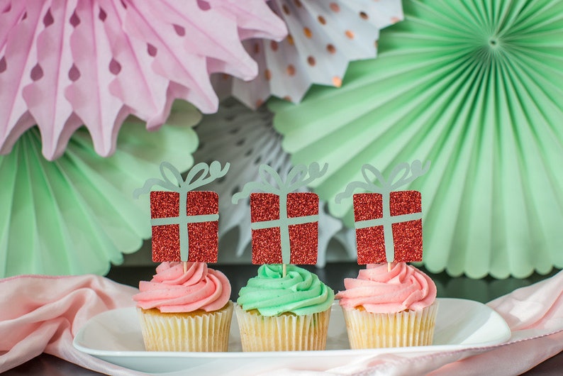 Christmas Gift Box Cupcake Toppers, 1st Birthday Decorations (set of 12 ...
