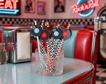 Retro Rock N Roll Diner Party Straws with Glitter Record Toppers (Set of 12)