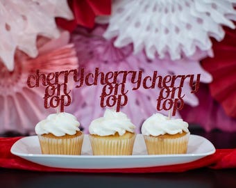 Red Glitter Cherry On Top Cupcake Toppers, Set of 12