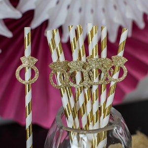12 Gold Foil Straws Gold Engagement Ring Straws Gold Diamond Ring Straws Bridal Shower Straws Bachelorette Party Decor Engagement Party