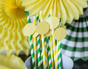 Lemon Glitter Straws, Party Decorations, Set of 12